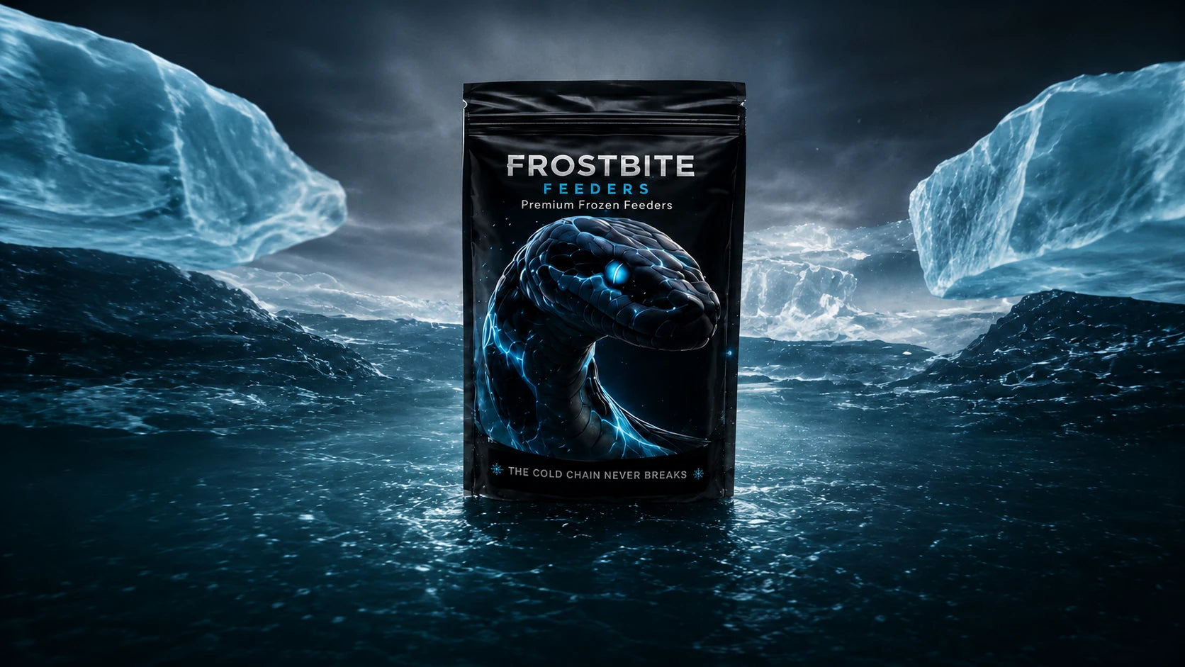 Frostbite Feeders pouch standing in dark Arctic water between two icebergs