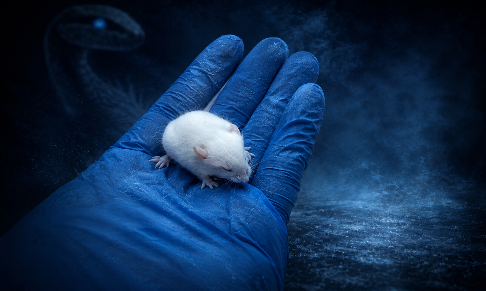 Frozen hopper feeder mouse held in a gloved hand