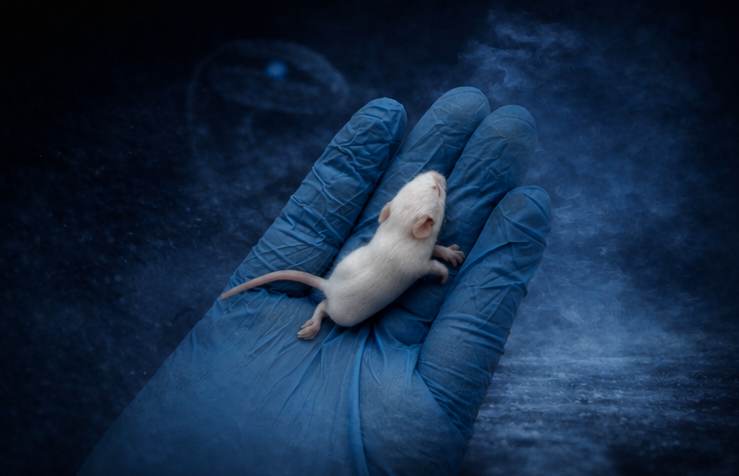 Frozen normal fuzzy feeder mouse held in a gloved hand