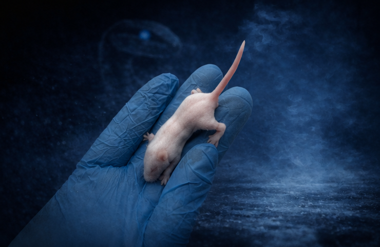 Frozen peach fuzzy feeder mouse held in a gloved hand
